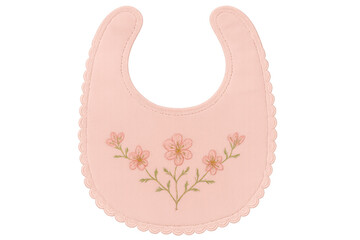 Pink baby bib with floral embroidery and scalloped edge