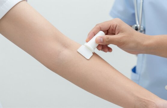 Medical professional applying a specialized skin patch test device to the patient's forearm for allergy diagnosis and diagnostic healthcare procedures in a clinic.