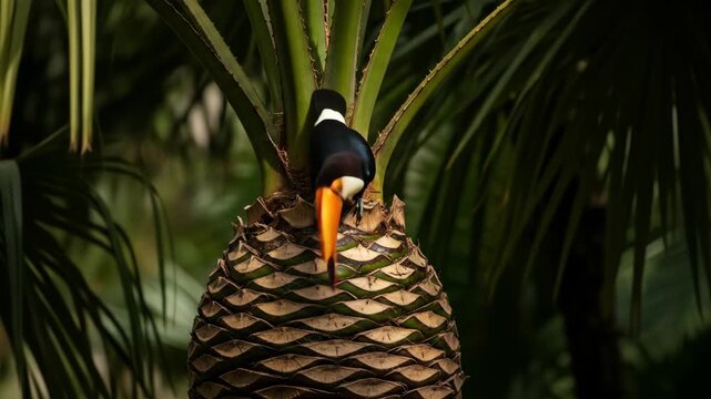 Toco Toucan Perched on a Palm Tree Trunk in a Lush Tropical Forest.
