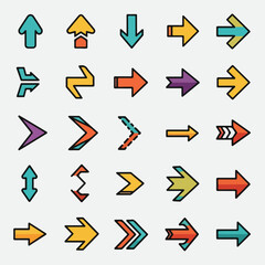 Colorful vector arrows of different shapes and directions on a gray backdrop