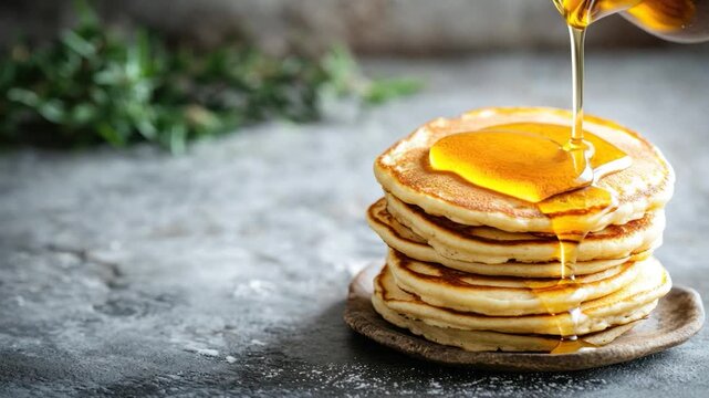 Golden syrup cascades over a stack of fluffy pancakes on a rustic plate, delicious breakfast
