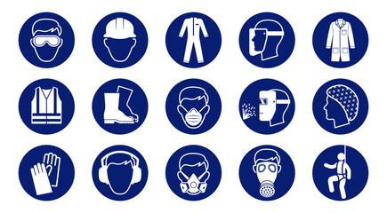 classic work site mandatory safety equipment required warning alert attention danger sign in blue circle symbol vector set on transparent background