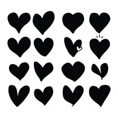 Set of Black Love Heart Icons in Various Styles on white background. 