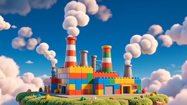 Surreal Colorful Toy Block Factory on a Floating Island Emitting Cloud Smoke
