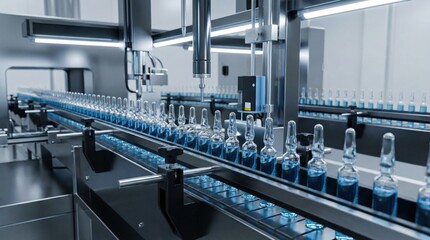 Automated pharmaceutical production line filling glass ampoules with blue liquid,high-tech sterile factory process for medical manufacturing