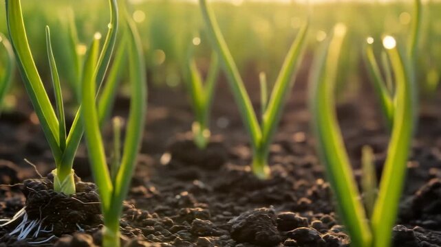 Fresh Green Onion Shoots Sprouting in a Sunlit Garden Field.