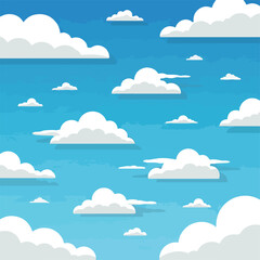 Pixelated illustration of a bright blue sky filled with puffy, white clouds