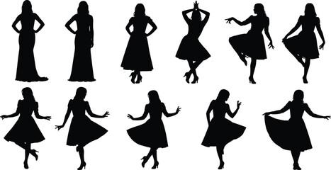 Obraz premium Collection of elegant woman silhouettes in fashion dresses and evening gowns posing in various graceful stances isolated on white background vector illustration