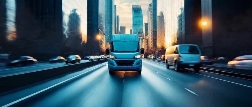 Blue delivery truck moving swiftly through a modern city street at dusk, symbolizing efficient urban logistics and e-commerce delivery service