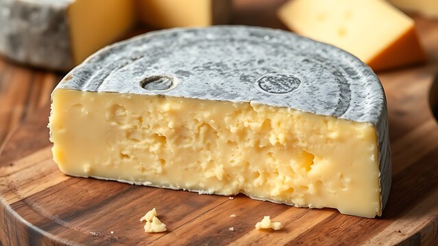 tomme. A cut wedge of Tomme cheese showcasing its dense, pale yellow interior. menu design, packaging mockups, designed for culinary blogs and recipe cards for restaurants, used by lab technicians.
