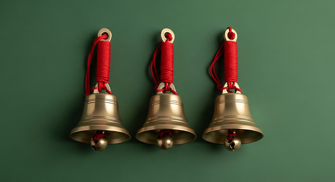 A Row of Small Brass Handbells (Ghanta) with Clappers Tied in Red Thread on a Deep Forest Green Background