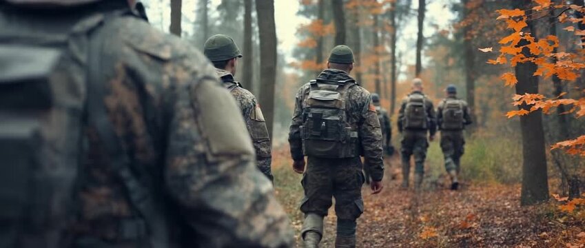 A group of military personnel in camouflage uniforms walks through an autumn forest, representing national security and patriotism. This scene honors veterans on Memorial Day and Veterans Day