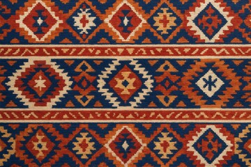 Traditional geometric ethnic textile pattern in warm red, navy, and ochre tones on woven fabric background for cultural decorative use. Ai generative