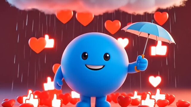 Surreal Blue Character Holding Umbrella Under a Digital Rain of Social Media Likes and Hearts