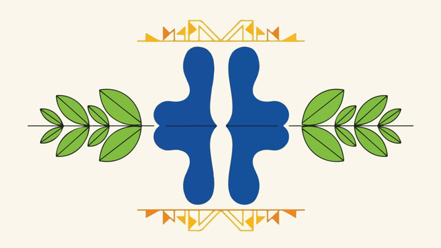 Symmetric abstract image with leaves, blue forms and decorative shapes