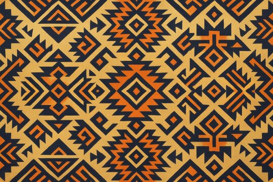 Geometric tribal pattern with symmetrical shapes in black and orange on a light yellow background, forming an abstract ethnic style design. Ai generative
