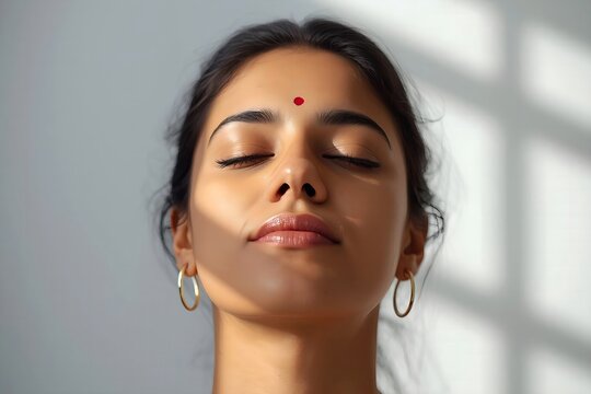 Serene Indian Woman Meditating with Eyes Closed, Bindi Dot, Golden Hoop Earrings, Soft Natural Light and Shadow Play