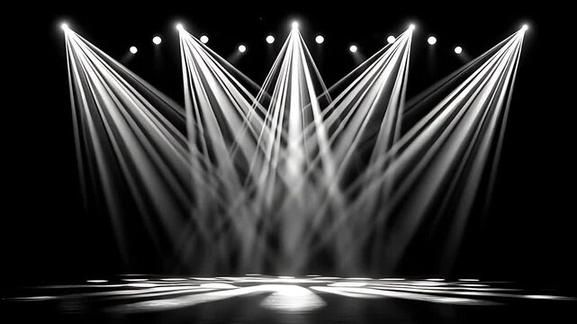 Seamless loop of moving white stage spotlights on black background. Minimal concert lighting animation