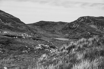 A black and white photo of a grassy field with a small pond in the middle