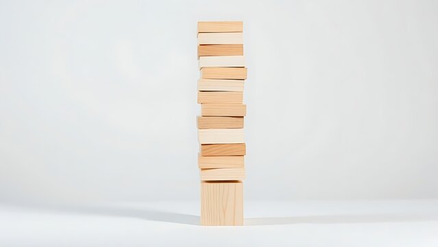 questioningly. Tall tower of wooden blocks with one block at base being pulled out. lifestyle magazines, social media lookbooks, designed for lifestyle magazines and social media content.