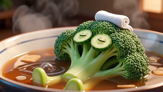 Funny Broccoli Character Relaxing in Hot Soup Spa Surreal Animation