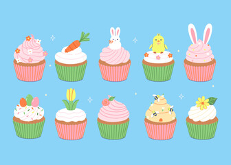 A set of cupcakes in spring and Easter designs. Vector graphics.
