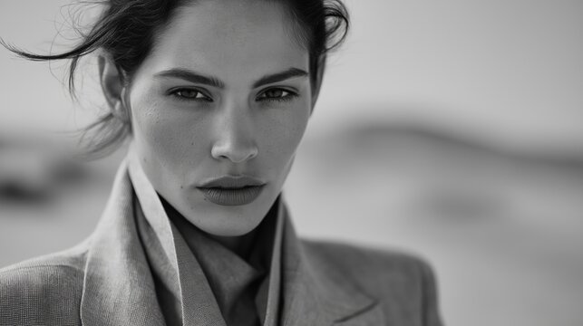 Timeless Beauty: A Striking Black and White Editorial Fashion Portrait of a Female Model in Elegant Attire