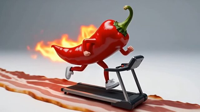 Surreal Animation of Spicy Chili Pepper Running on Bacon Treadmill with Fire