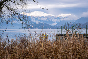 Panorama of the Lake Orta winter waters and shoreline, with the alps in the background. Is a glacial origin lake in northern Italy, Piedmont region, famous for San Giulio island, home of nuns cloister © stefanopez