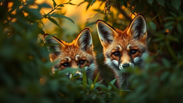 nitroglycerin. Two foxes peeking through dense foliage with playful expressions in golden light. wildlife magazines, conservation campaigns, designed for wildlife conservation campaigns.