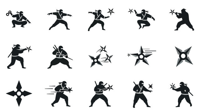 Ninja Silhouettes Fighting with Various Weapons.