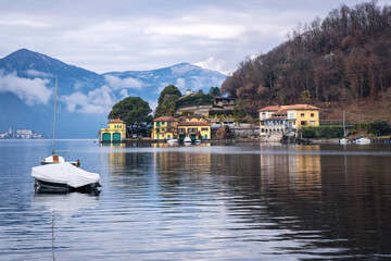 Panorama of the Lake Orta winter waters and shoreline, with the alps in the background. Is a glacial origin lake in northern Italy, Piedmont region, famous for San Giulio island, home of nuns cloister © stefanopez