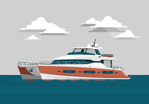 Modern Luxury Catamaran Yacht vector illustration on the sea with clouds, a detailed graphic