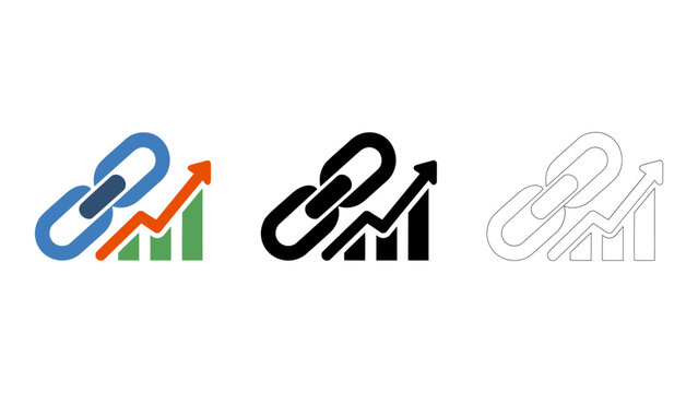 set of chain link logos with arrows and graphs for backlink building and SEO growth