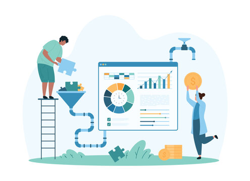 Sales funnel, online marketing conversion process and idea monetization. Tiny people make money from puzzle flow and analytics charts, strategy of increase revenue cartoon vector illustration