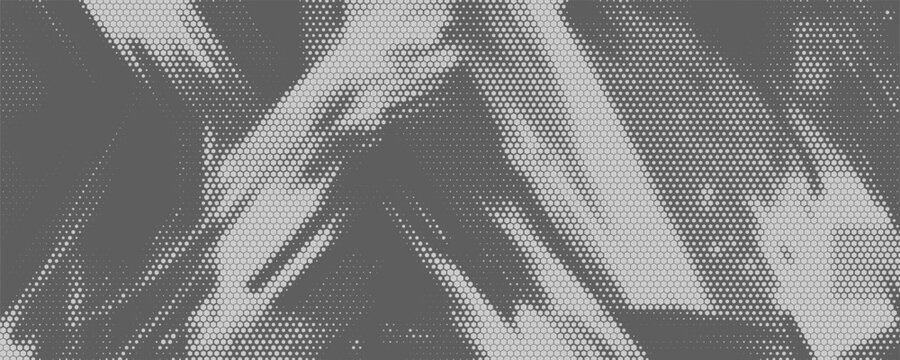 Abstract halftone background featuring hexagonal dot patterns forming dynamic diagonal shapes and layered textures on a gray surface. The geometric honeycomb design