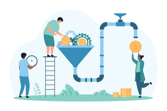 Make money with creative idea, online project monetization. Tiny people monetize content product, convert light bulbs and gears into gold coins using funnel and pipe cartoon vector illustration
