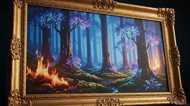Ornate Gold Frame with Mystical Forest Painting.