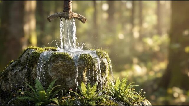 The enchanted sword of the mystical forest, a relic of legends, stands proudly in the middle of a flowing water source, exuding an air of ancient power and intrigue.