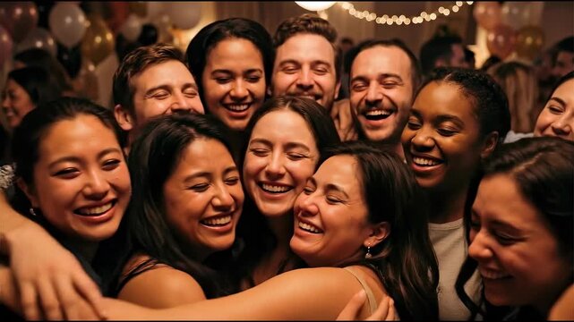 A group of friends laughing and hugging each other, capturing the essence of togetherness and happiness.