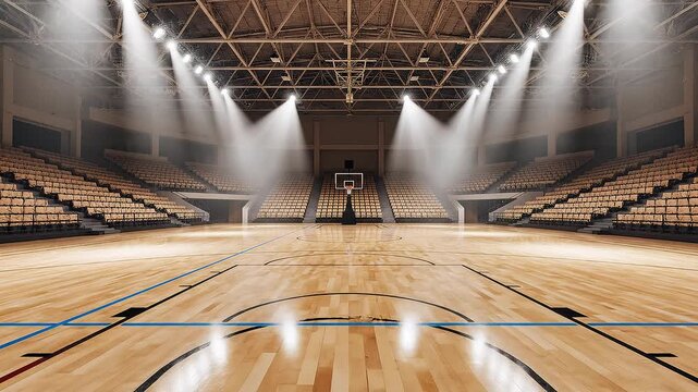 Empty Basketball Court with Spotlights Shining.