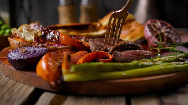 Fork lifting a slice of savory juicy beef Sunday roast with baked vegetables. Delicious healthy food for a family dinner. Traditional meat meal