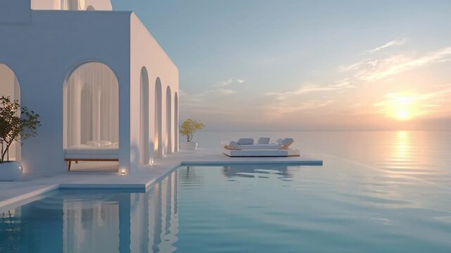 Luxury Villa with Infinity Pool and Yacht at Sunset