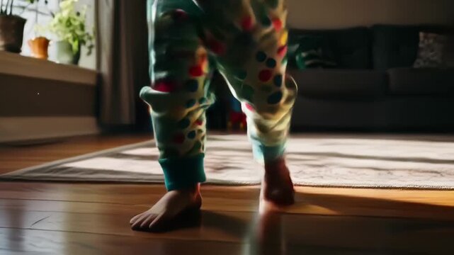 Toddler Taking First Steps with Adult Support.
