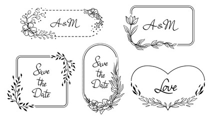 Set of various wedding frames. Marriage decorations with pretty stylized floral twigs.