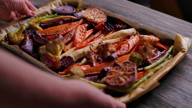 Side view of hands placing a tray of roasted vegetables on a wooden table. Healthy beets, carrots, and broccoli for a family Sunday roast dinner