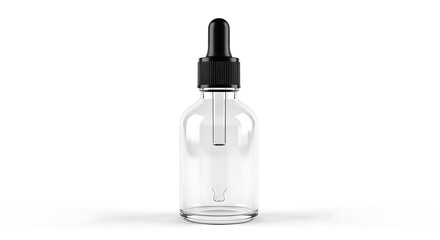 Naklejka premium Clear glass dropper bottle with black cap on white surface viewed from the front