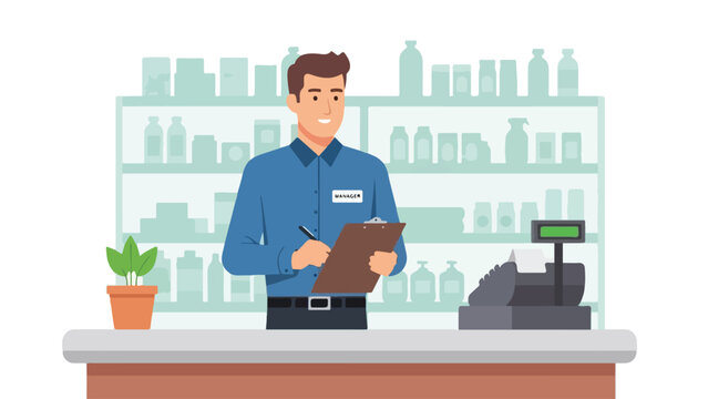 Smiling man with clipboard and pen at counter in a store