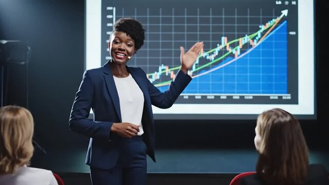 Confident businesswoman presents a growth chart during a business seminar inspiring an audience with data-driven insights and future projections in a modern conference setting