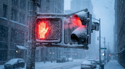 Red Traffic Light Glowing Through Heavy Snowfall on a Cold Winter Evening in a City Street Setting